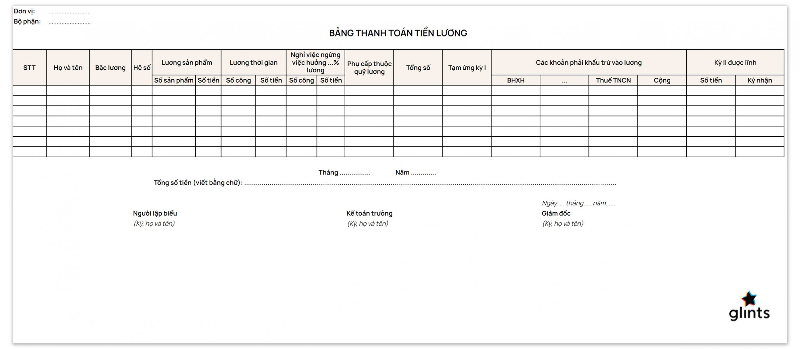 Bảng lương tính theo lương sản phẩm và lương thời gian nhân viên kinh doanh