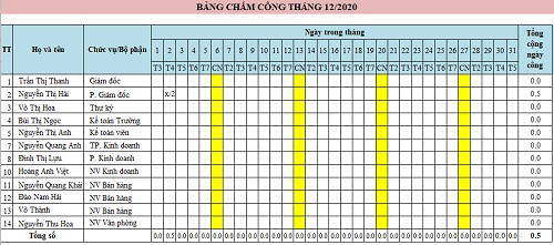 Mẫu bảng chấm công theo tháng số 1