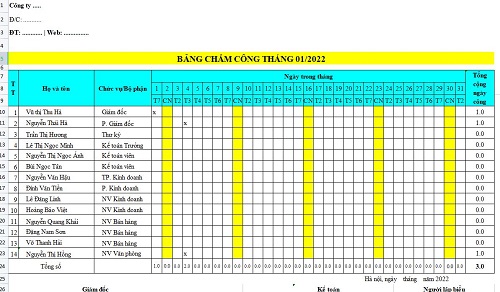 Mẫu bảng chấm công theo tháng số 4