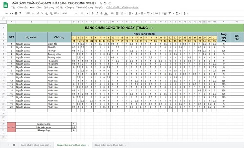 Mẫu bảng chấm công theo tháng số 3