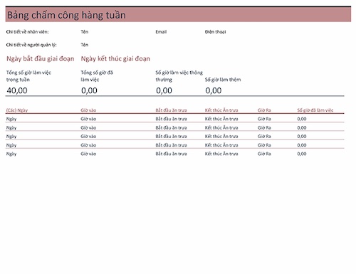 Bảng chấm công theo tuần phổ biến